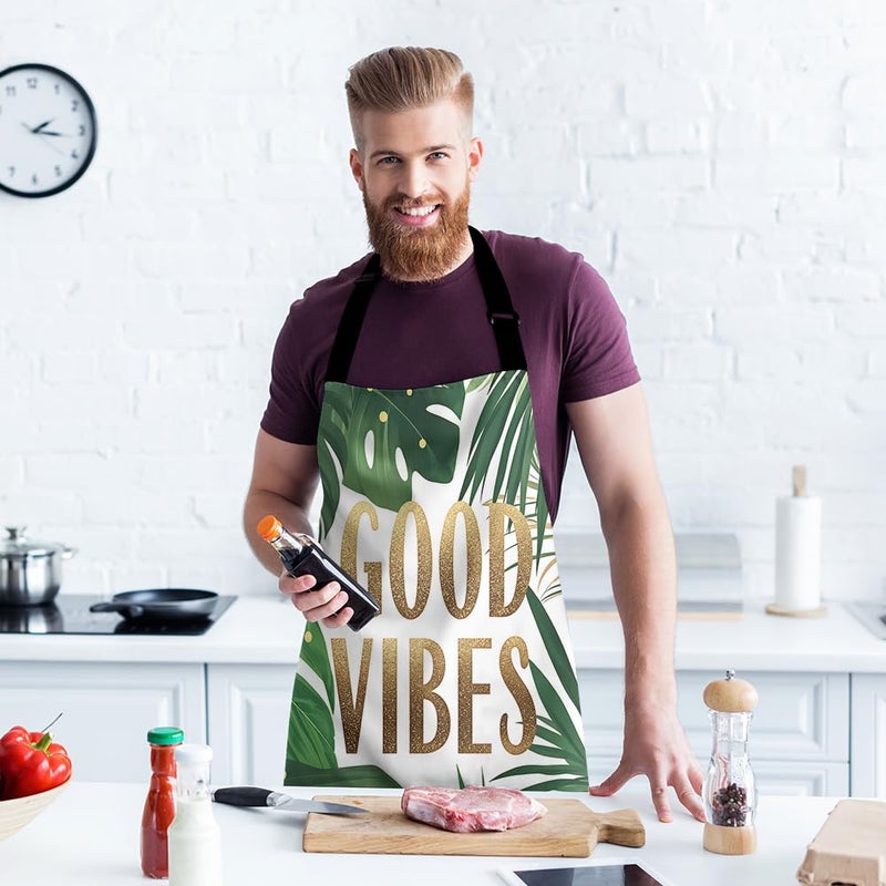 Moslion Palm Leaf Apron 31x27 Inch Hawaii Tropical Jungle Tree Leaves Word Kitchen Chef Waitress Cook Aprons Bib with Adjustable Neck for Women Men Girls Green - Image 3